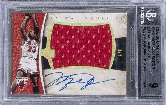 2005-06 UD "Exquisite Collection" Extra Exquisite Jerseys Autos #MJ3 Michael Jordan Signed Game Used Patch Card (#3/5) – BGS MINT 9/BGS 10
